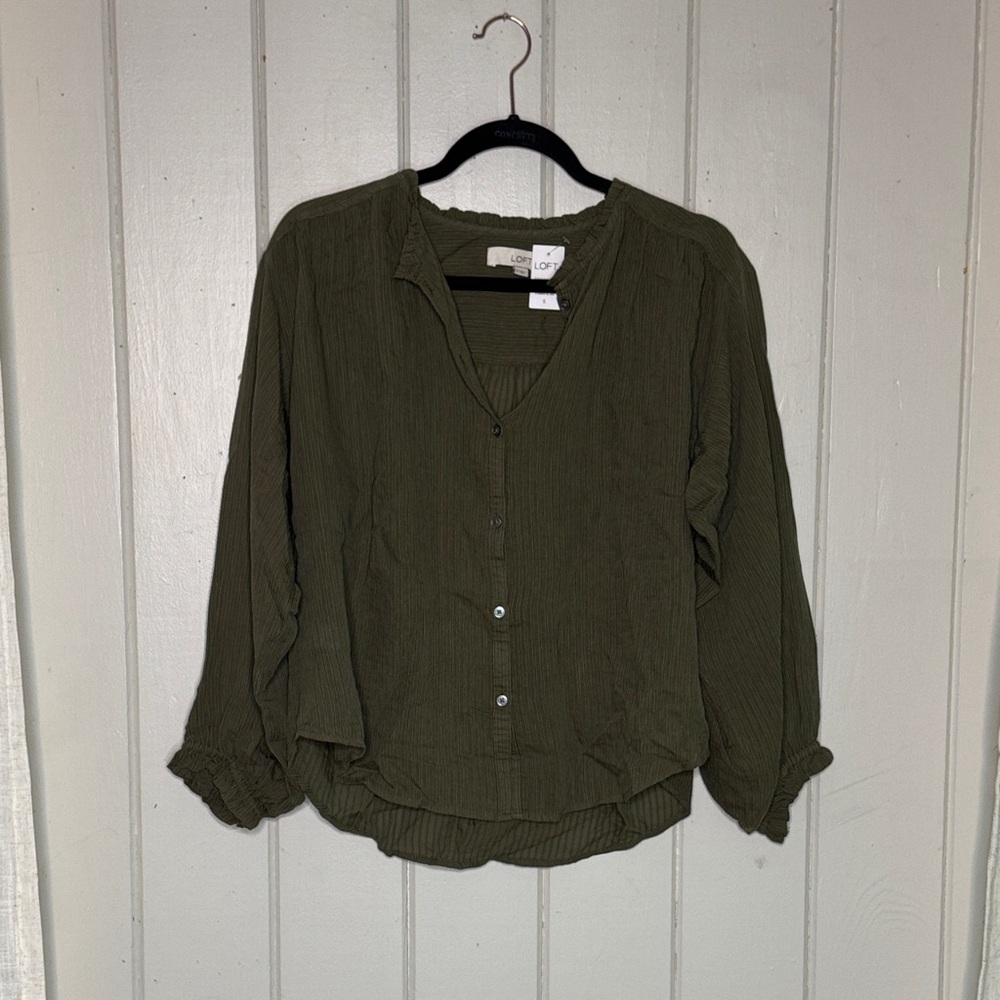 LOFT Olive Green Button-Down Blouse - Picture 1 of 5